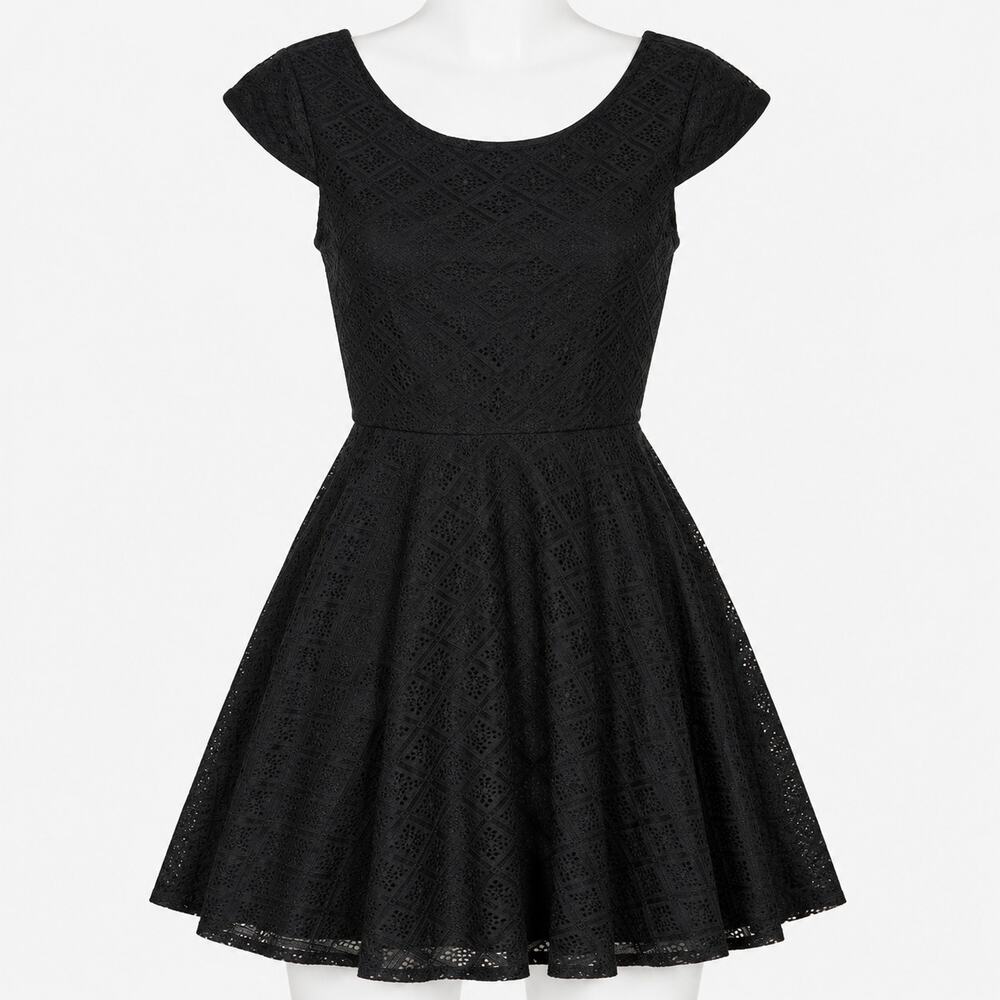 Xhilaration Black Eyelet Fit & Flare Dress Women's XS Cap Sleeve Skater Dress